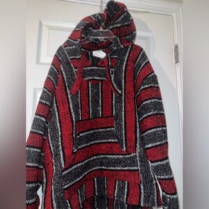 Del Mex Mexican Baja Hoodie Hippie Surf Poncho Sweater Large Red/Gray